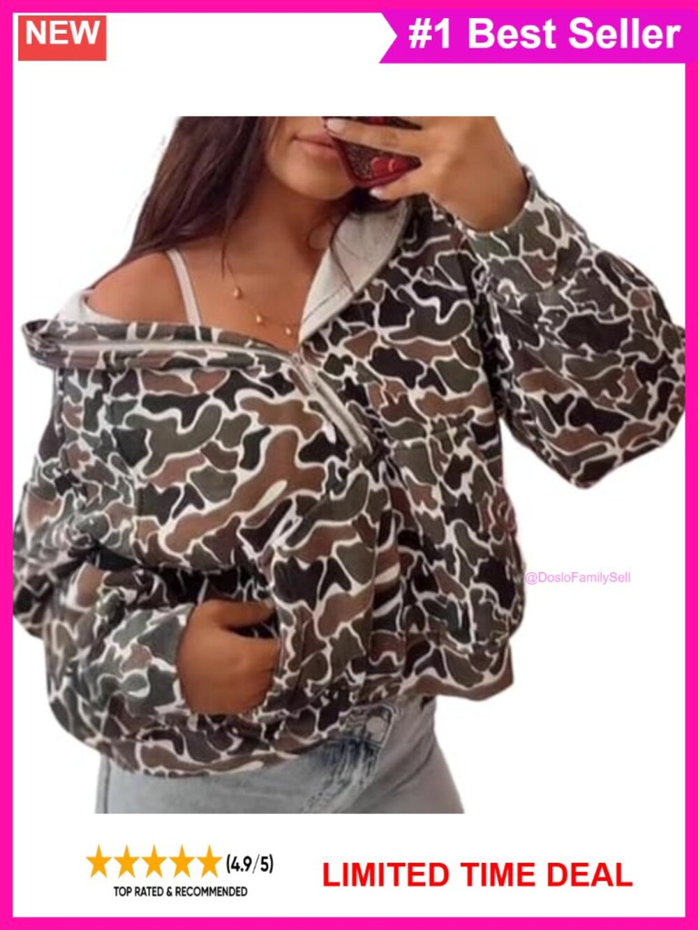 Oversized Camo Quarter Zip Hoodie Leopard Print Patchwork